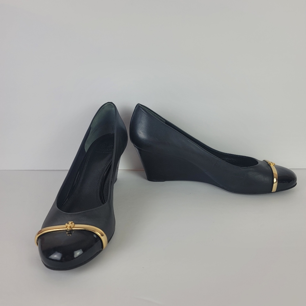 Tory Burch black wedges with gold details